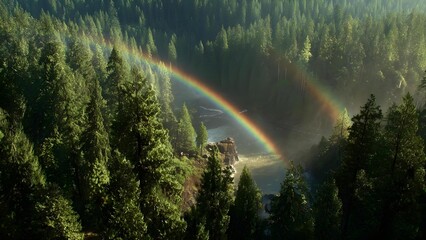 A lush forest surrounding a river canyon with a bright rainbow arcing over the mist. Concept Lush forest, River canyon, Rainbow arc, Mist and light, Nature landscape