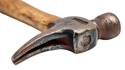 Close-up of a worn-out claw hammer with wooden handle, isolated on white background