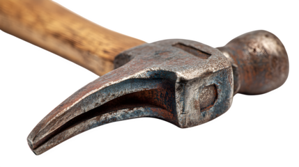 Close-up of a worn-out claw hammer with wooden handle, isolated on white background