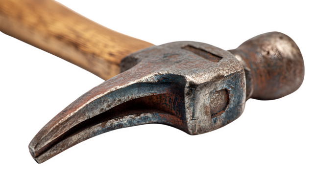 Close-up of a worn-out claw hammer with wooden handle, isolated on white background - Powered by Adobe