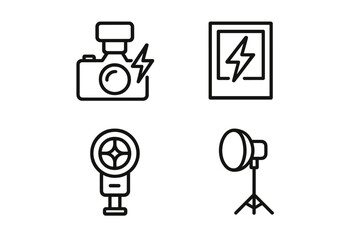 Photography icons: camera, flash, tripod, light meter for creative shoots
