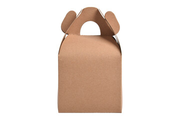 Brown kraft cardboard gift box with top handle, for takeout food products, isolated on a white background.
