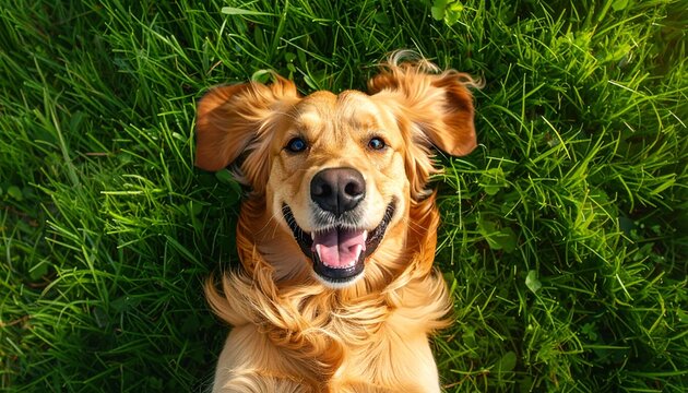 A happy golden retriever dog lies on its back in lush green grass, smiling.