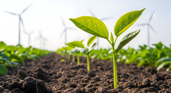 See vibrant crop seedlings and wind turbines on a sunny sustainable farm