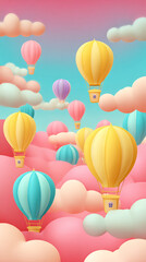Obraz premium Colorful hot air balloons floating among fluffy clouds in a whimsical pastel sky Concept of dream, travel, adventure, and imagination in a fantasy landscape