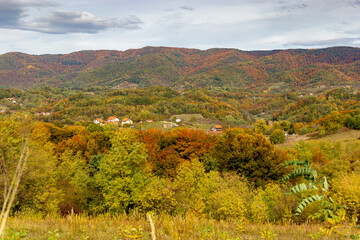 Low forested mountains on an autumn day