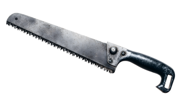 Close-up of drywall saw and serrated blade, isolated on transparent background