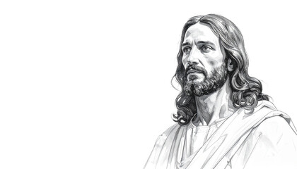 Fototapeta premium Sketch of Jesus Christ on white background with copy space