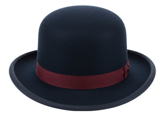 Isolated bowler hat featuring a maroon ribbon around the base of the crown of the hat