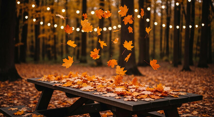 Image shows wooden bench covered with falling orange leaf, with dark autumn forest and lights in background, representing seasonal transition