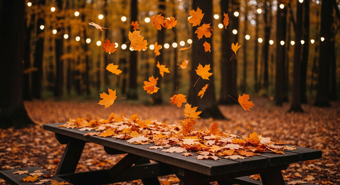 Image shows wooden bench covered with falling orange leaf, with dark autumn forest and lights in background, representing seasonal transition