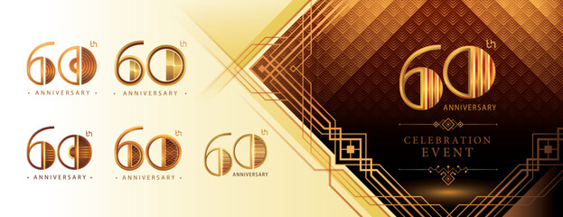 60th Anniversary logotype design, Sixty years Celebrating Anniversary Logo Set, Great Gatsby Anniversary Logo, Gatsby Art Deco Number 60, Golden Elegant Classic Logo for event, invitation, greeting