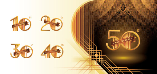 10 to 50 year Anniversary logotype design, Ten to Fifty year Celebrate Logo Set, Great Gatsby Anniversary Logo, Gatsby Art Deco Red Ribbon Number 10,20,30,40,50, Golden Elegant Classic Logo for event,