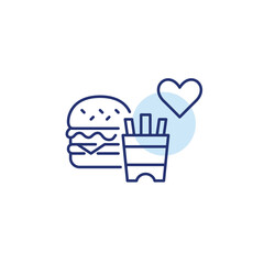 Cheeseburger, fries and heart. Great taste, comfort food and unhealthy dinner. Customer favorite. Pixel perfect, editable stroke vector icon