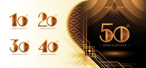 10 to 50 year Anniversary logotype design, Ten to Fifty year Celebrate Logo Set, Great Gatsby Anniversary Logo, Gatsby Art Deco Red Rhombus Number 10,20,30,40,50, Golden Elegant Classic Logo for event