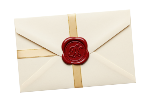 Isolated wax-sealed envelope, gold ribbon, letter, wedding invite, correspondence, stationery