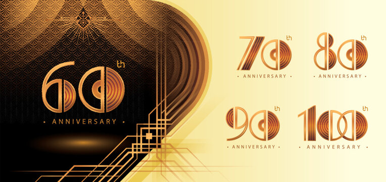 60 to 100 year Anniversary logotype design, Sixty to Hundred year Celebrate Logo, Great Gatsby Anniversary Logo, Gatsby Art Deco Circle Line Number 60,70,80,90,100, Gold Elegant Classic Logo for event - Powered by Adobe