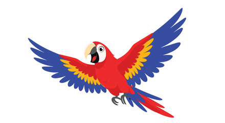 Obraz premium A vibrant cartoon scarlet macaw with its wings spread wide, happily soaring through the air against a bright white background.