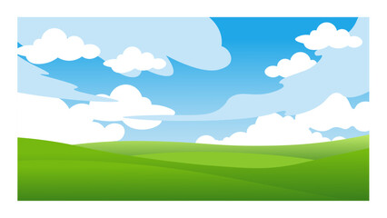 Fototapeta premium Beautiful Green Landscape with Blue Sky and White Clouds Vector Illustration