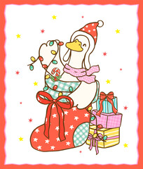 Festive Happy Christmas Silly Goose in Stocking Sock Cartoon Hand Drawn Greeting Card Printable