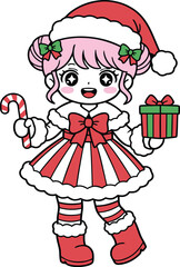  Cute Santa Claus Girl with Candy Cane and Gift