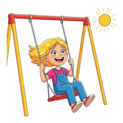 Cartoon vector showing a cheerful young girl smiling while swinging at the playground.