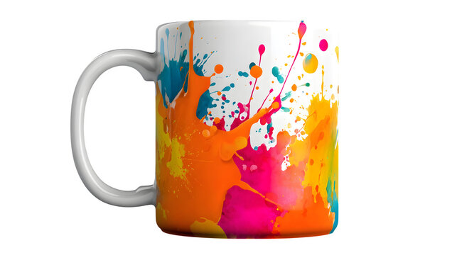 Coffee mug with abstract splash paint design, isolated on transparent background, vibrant colors