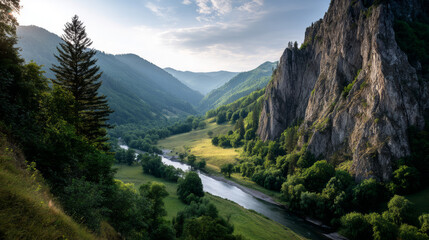 Mountain view above clouds flowers and blooming bushes at sunset sunbeams. Calm close-up beautiful landscape, screensaver background, Beautiful panorama. Summer vacation, holiday, amazing nature.