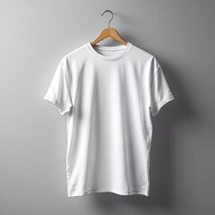 Realistic white t-shirt hanging on wooden hanger against neutral background, soft natural lighting, wrinkle texture visible, clean minimalist composition, 8k ultra-realistic, perfect for apparel brand