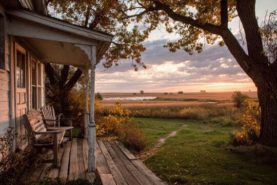 Old farmhouse porch with chairs overlooks golden field at sunset. Use for travel, home, or nostalgia themes, it evokes peace.