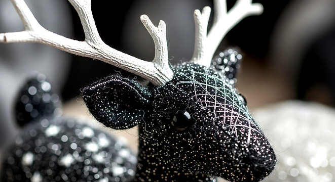 a plush, black felt reindeer with glossy black bead eyes. Its antlers are made of stark, bleached-white branches, and it's dusted with glittering, silver thread frost