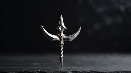 Minimalist silver trident (trishul) extreme close-up, set on a textured dark slate surface. Ideal for Hindu symbolism or cultural decor.