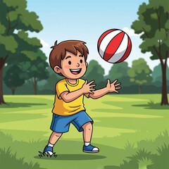 Lively vector image of a happy child enjoying a ball game in a vibrant, sunny park.