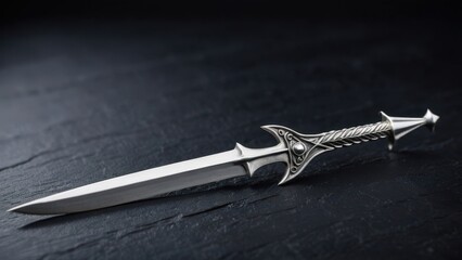 Extreme close-up of a minimalist silver trident (trishul) on a textured dark slate background. Elegant and symbolic for spiritual or cultural themes.