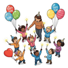 Vector cartoon of kids and an adult celebrating New Year with balloons and sparklers.