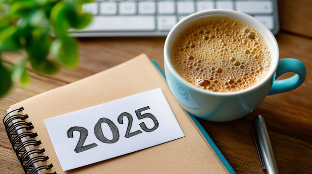 Overhead of keyboard with coupon code card “BLK2025” next to coffee and notebook, Black Friday, coupon code, ecommerce, desktop, work, marketing, discount, productivity, with copy