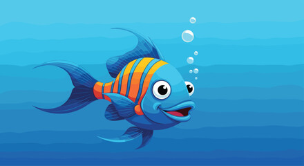 Naklejka premium A cheerful blue and orange striped cartoon fish with big eyes swims happily in a vibrant underwater environment, releasing air bubbles.