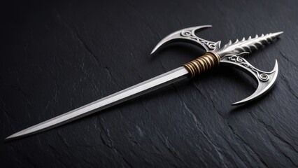 Extreme close-up of a minimalist silver trident (trishul) on a textured dark slate background. Elegant and symbolic for spiritual or cultural themes.