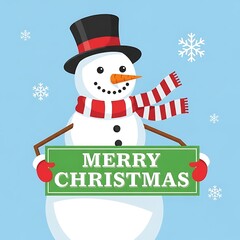 Cute Snowman Holding a Merry Christmas Sign with Snowflakes Falling.