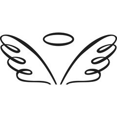 Black Ink Angel Wings and Halo Symbol Isolated on White Transparent Background