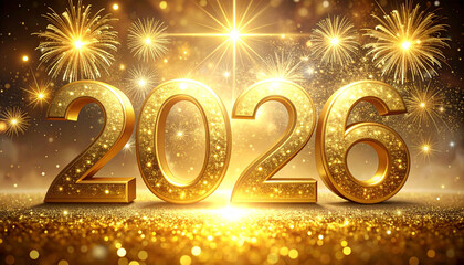 Elegant New Year design with golden 2026, stars and subtle fireworks