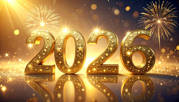 Golden numerals 2026 surrounded by sparkling stars on a soft glowing background