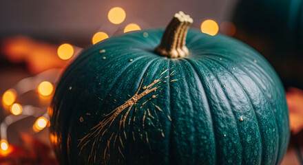 Close-up of green pumpkin with golden markings, showing texture and detail, representing autumn harvest and seasonal decoration, perfect for fall themes
