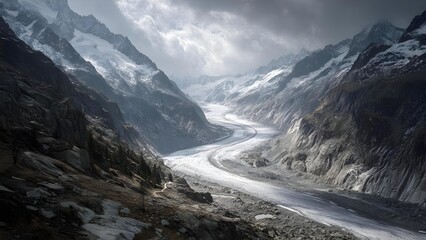 Glacier valley with a winding ice river, snow-dusted cliffs, and dark storm clouds over jagged mountains. Concept Glacier Valley, Winding Ice River, Snow-Dusted Cliffs, Stormy Sky, Jagged Mountains
