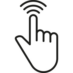 Black Line Art Icon of a Hand Finger Tapping and Interacting with Digital Interface Showing Wireless Signal Waves Overhead on a Transparent Background