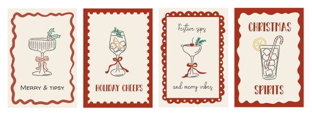 Set of four retro Christmas cocktail cards with doodle-style festive drinks, citrus and candy cane garnish, and playful red borders. Whimsical holiday greeting design. Vector illustration.
