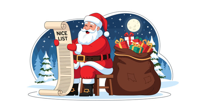 Cheerful Santa Claus in a red suit carefully reviewing the long scroll of the nice list by moonlight, with a sack of gifts ready for Christmas