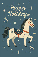 New year greeting card with horse. Festive illustration of a decorated horse in Scandinavian folk art style, surrounded by snowflakes, stars, and pine branches. Cozy winter composition 