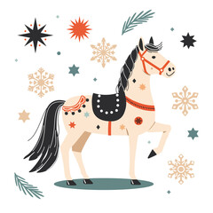 New year card with horse. Festive illustration of a horse on a white background with snowflakes and stars. Holiday greeting card design celebrating the New Year 2026. Perfect for winter decor