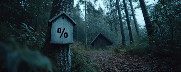 Percentage and wooden house sign symbol concept. Mysterious forest pathway with unique tree markings and cabins.